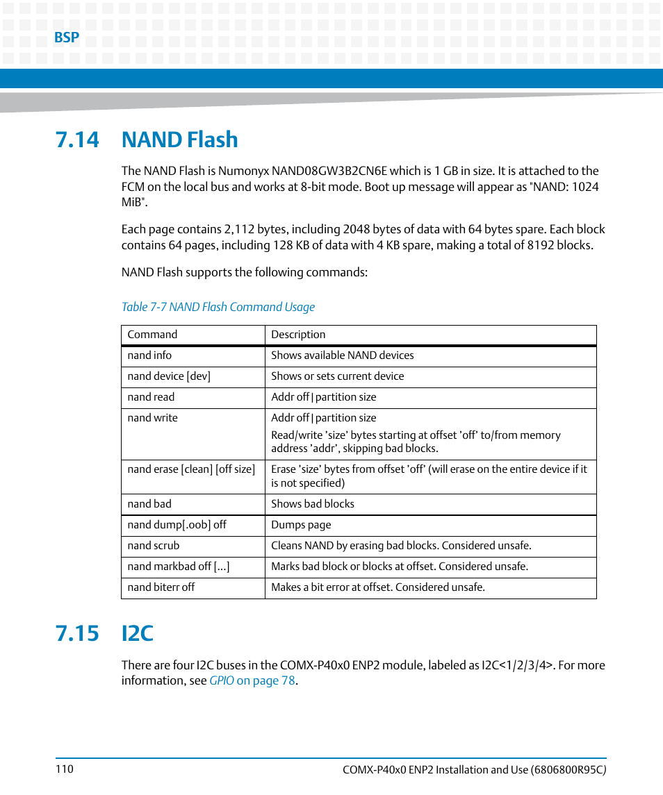 14 nand flash, 15 i2c, 14 nand flash 7.15 i2c | Table 7-7, Nand flash command usage | Artesyn COMX-P40x0 ENP2 Installation and Use (January 2015) User Manual | Page 110 / 140