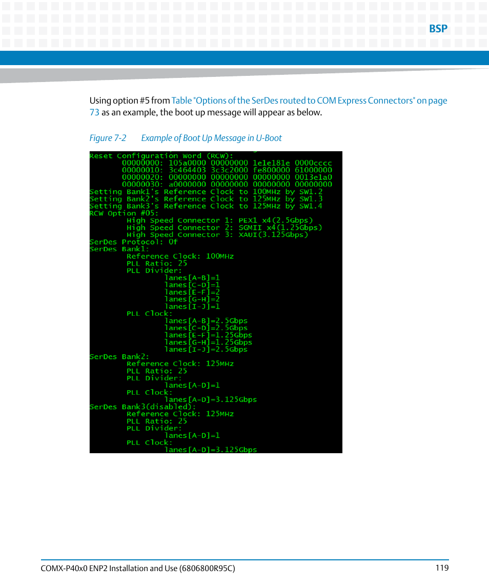 Figure 7-2, Example of boot up message in u-boot | Artesyn COMX-P40x0 ENP2 Installation and Use (January 2015) User Manual | Page 119 / 140