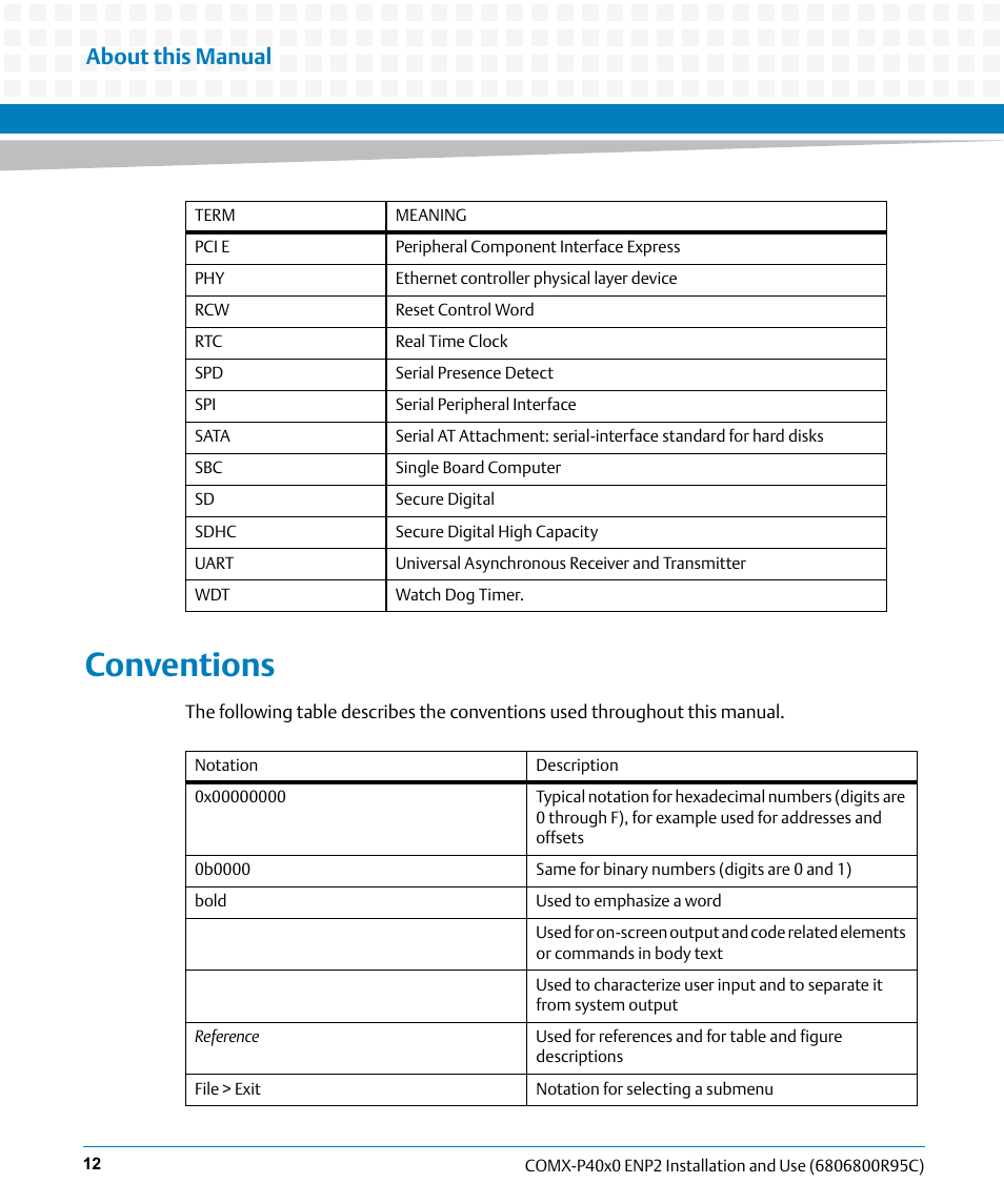 Conventions, About this manual | Artesyn COMX-P40x0 ENP2 Installation and Use (January 2015) User Manual | Page 12 / 140