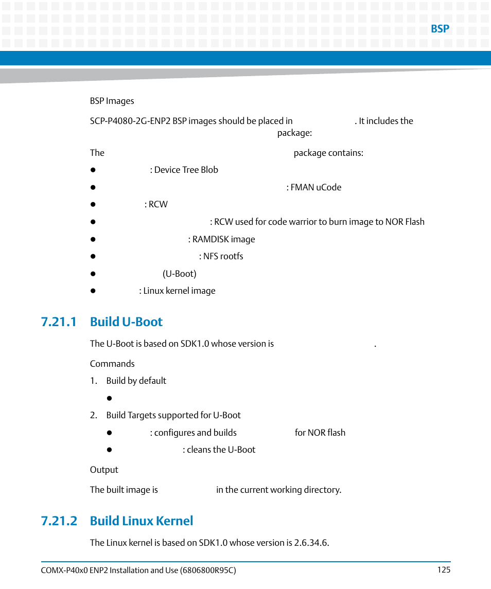 1 build u-boot, 2 build linux kernel, 1 build u-boot 7.21.2 build linux kernel | Artesyn COMX-P40x0 ENP2 Installation and Use (January 2015) User Manual | Page 125 / 140