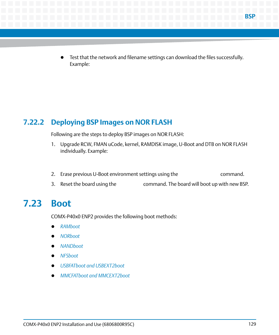 2 deploying bsp images on nor flash, 23 boot | Artesyn COMX-P40x0 ENP2 Installation and Use (January 2015) User Manual | Page 129 / 140