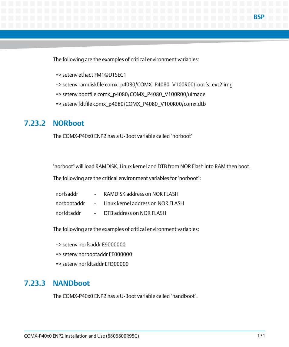 2 norboot, 3 nandboot, 2 norboot 7.23.3 nandboot | Norboot, Nandboot | Artesyn COMX-P40x0 ENP2 Installation and Use (January 2015) User Manual | Page 131 / 140