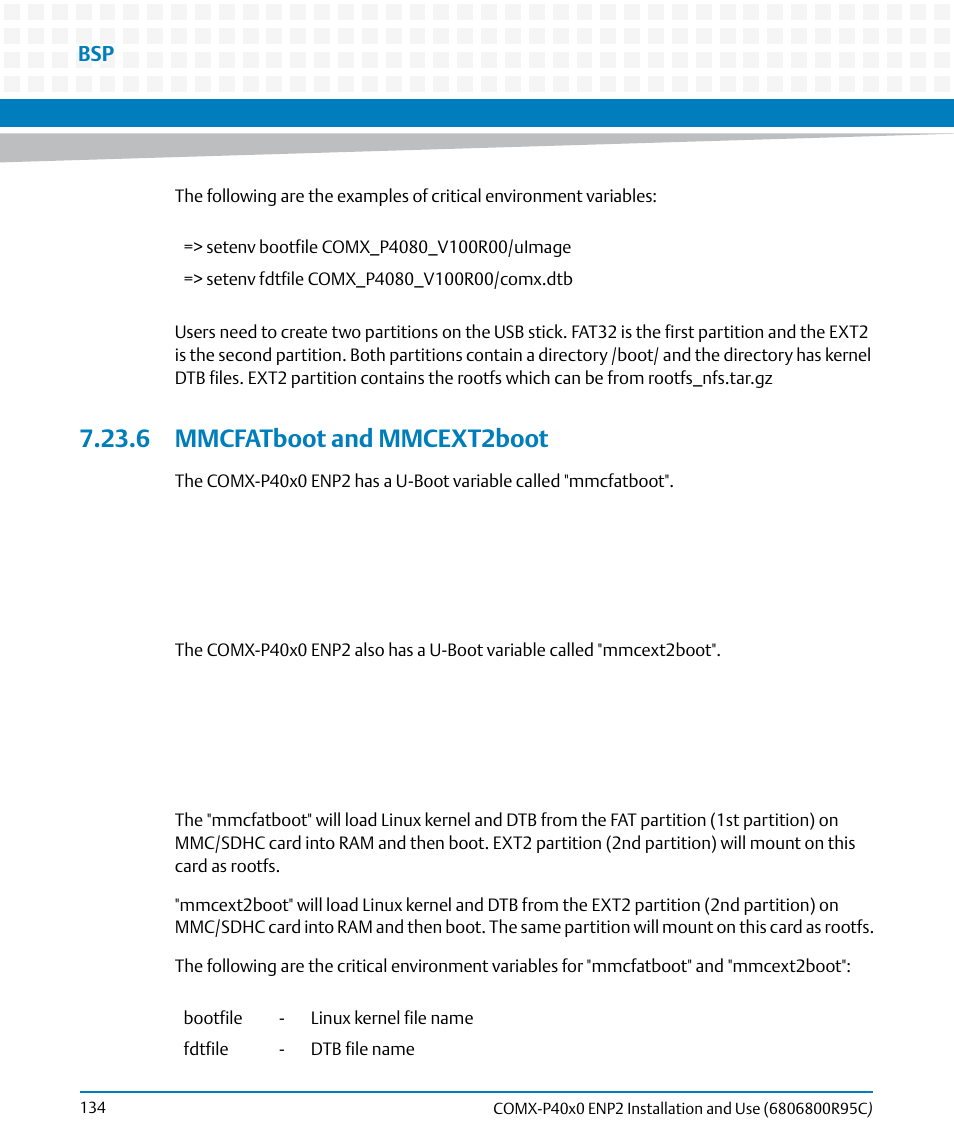 6 mmcfatboot and mmcext2boot, Mmcfatboot and mmcext2boot | Artesyn COMX-P40x0 ENP2 Installation and Use (January 2015) User Manual | Page 134 / 140