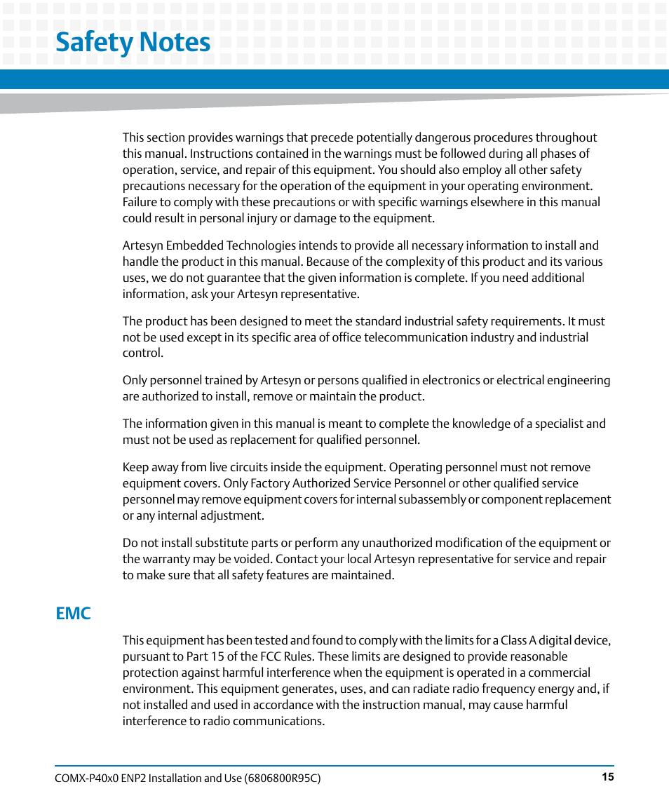 Safety notes | Artesyn COMX-P40x0 ENP2 Installation and Use (January 2015) User Manual | Page 15 / 140