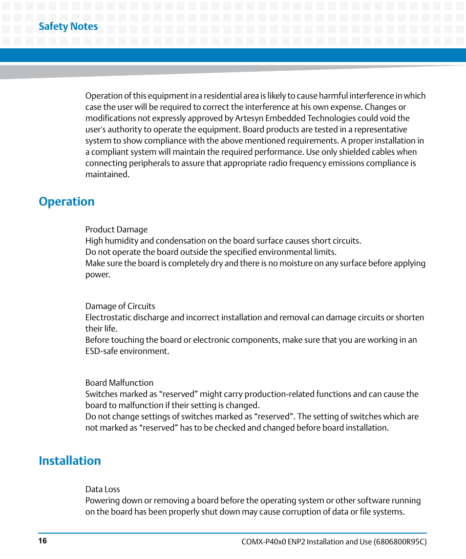 Operation, Installation | Artesyn COMX-P40x0 ENP2 Installation and Use (January 2015) User Manual | Page 16 / 140