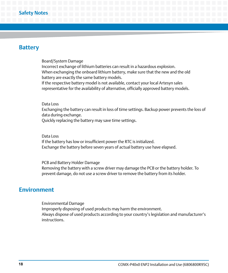 Battery, Environment | Artesyn COMX-P40x0 ENP2 Installation and Use (January 2015) User Manual | Page 18 / 140