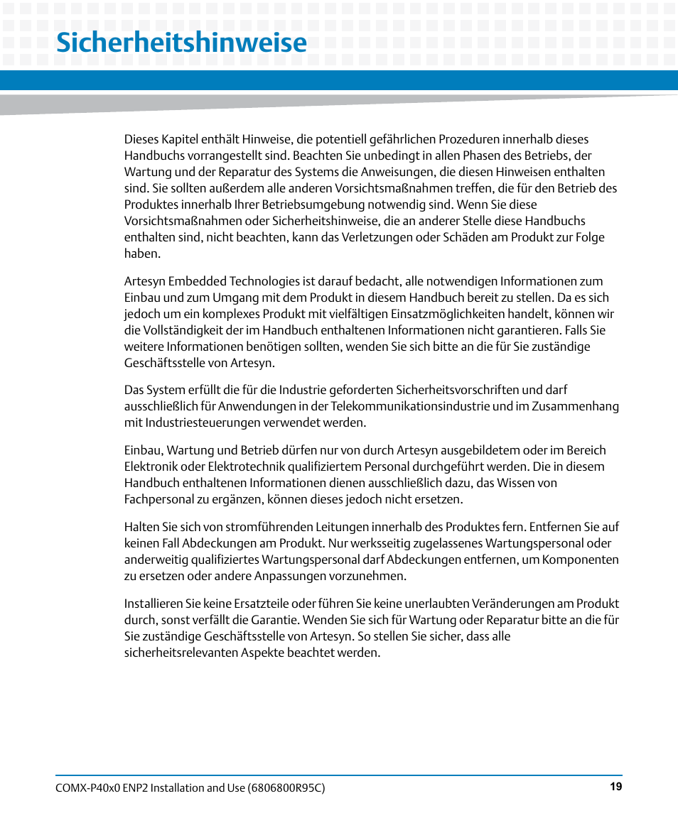 Sicherheitshinweise | Artesyn COMX-P40x0 ENP2 Installation and Use (January 2015) User Manual | Page 19 / 140