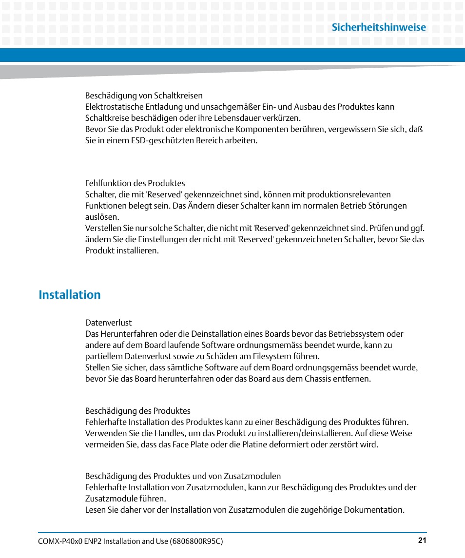 Installation, Sicherheitshinweise | Artesyn COMX-P40x0 ENP2 Installation and Use (January 2015) User Manual | Page 21 / 140