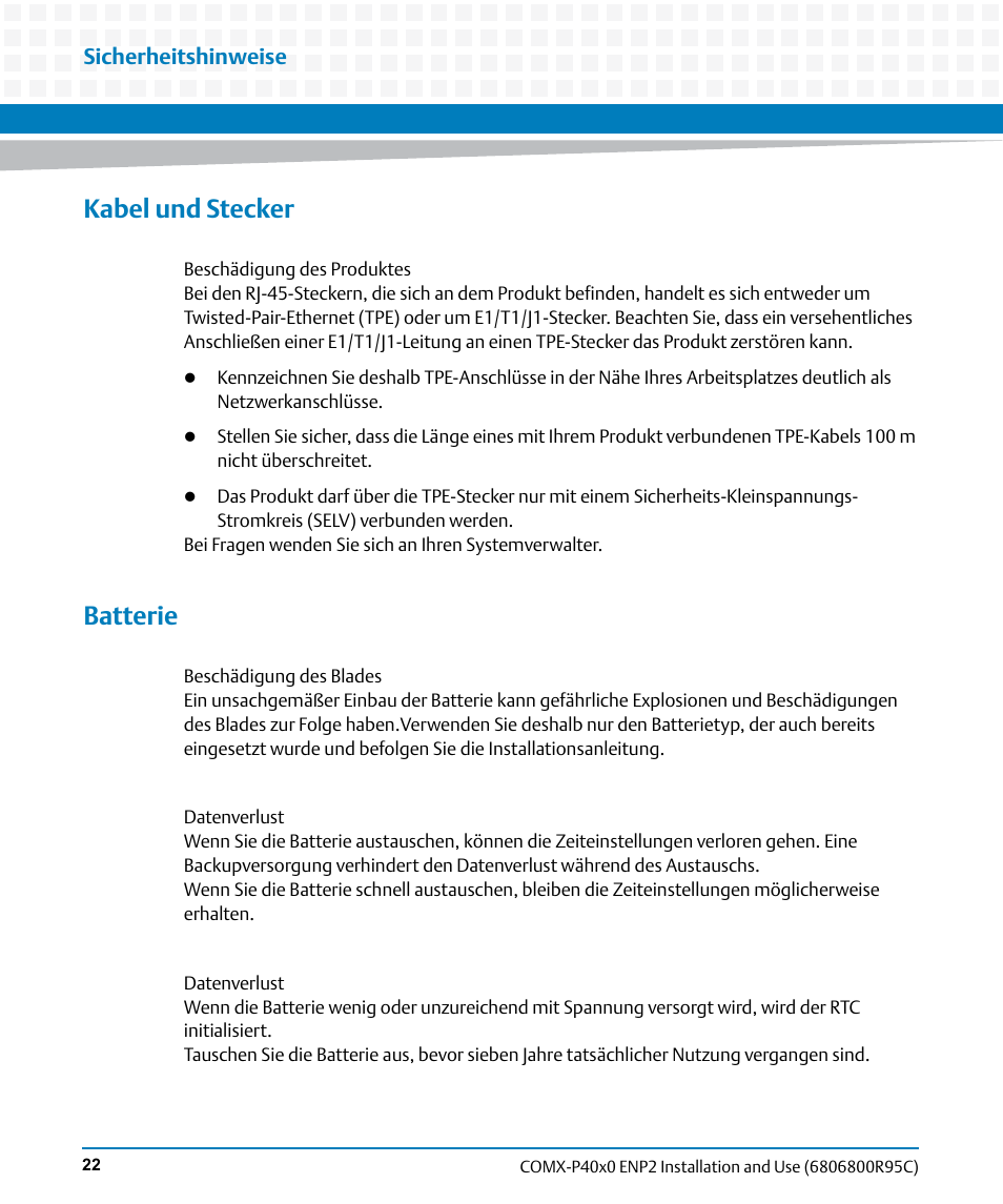 Kabel und stecker, Batterie, Sicherheitshinweise | Artesyn COMX-P40x0 ENP2 Installation and Use (January 2015) User Manual | Page 22 / 140