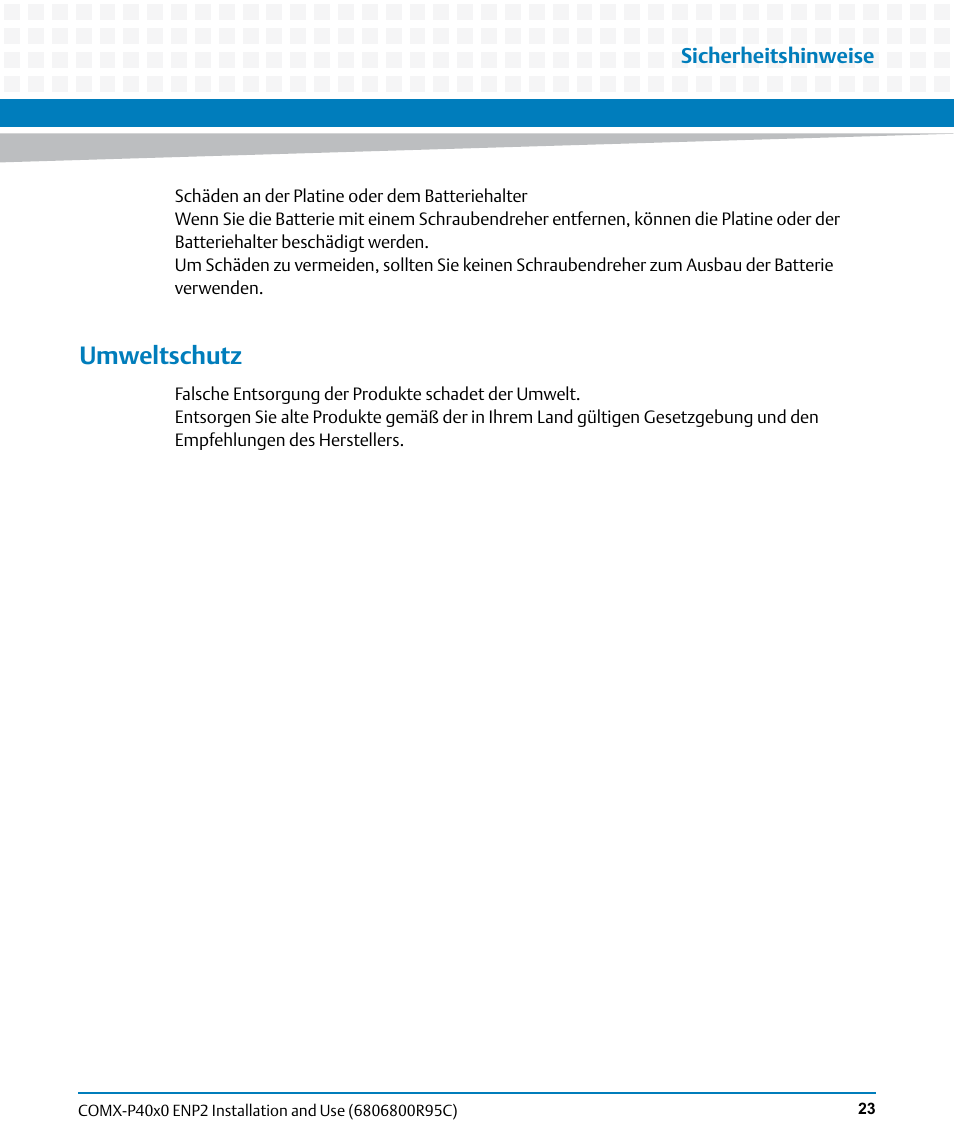 Umweltschutz | Artesyn COMX-P40x0 ENP2 Installation and Use (January 2015) User Manual | Page 23 / 140