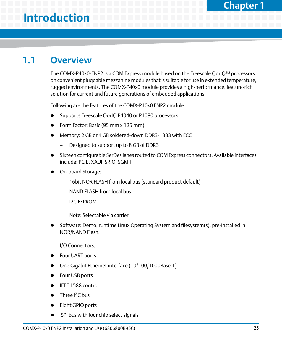 Introduction, 1 overview, Chapter 1 | Artesyn COMX-P40x0 ENP2 Installation and Use (January 2015) User Manual | Page 25 / 140