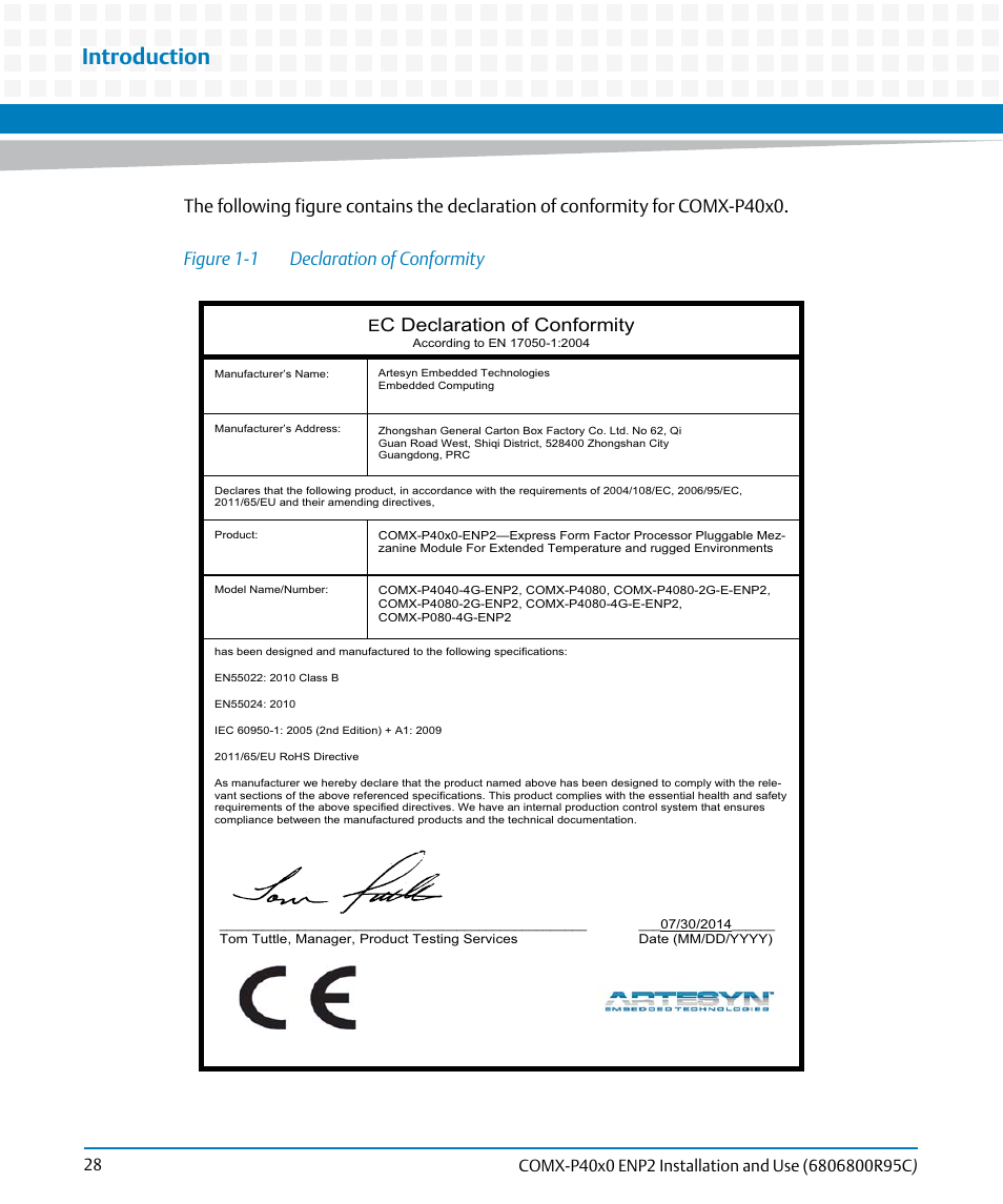 Figure 1-1, Declaration of conformity, Introduction | C declaration of conformity | Artesyn COMX-P40x0 ENP2 Installation and Use (January 2015) User Manual | Page 28 / 140