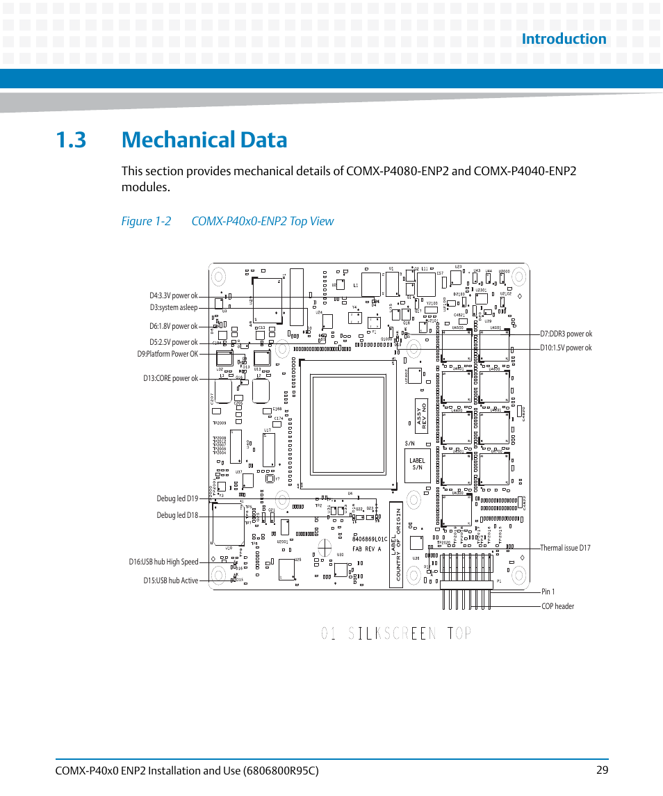 3 mechanical data, Figure 1-2, Comx-p40x0-enp2 top view | Introduction | Artesyn COMX-P40x0 ENP2 Installation and Use (January 2015) User Manual | Page 29 / 140