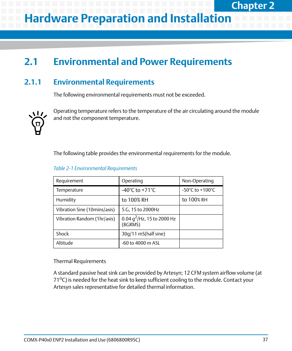 Hardware preparation and installation, 1 environmental and power requirements, 1 environmental requirements | Table 2-1, Environmental requirements, Chapter 2 | Artesyn COMX-P40x0 ENP2 Installation and Use (January 2015) User Manual | Page 37 / 140