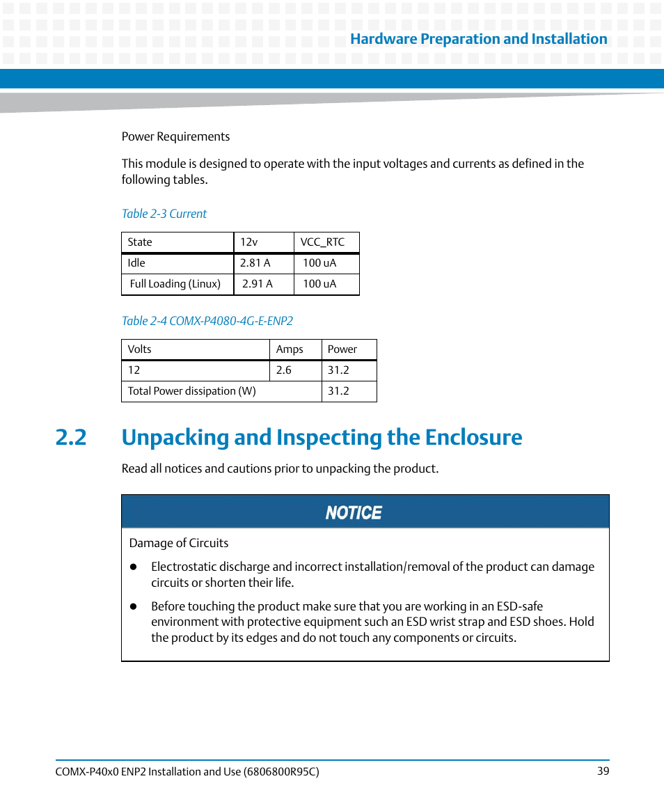 2 unpacking and inspecting the enclosure, Table 2-3, Current | Table 2-4, Comx-p4080-4g-e-enp2, Hardware preparation and installation | Artesyn COMX-P40x0 ENP2 Installation and Use (January 2015) User Manual | Page 39 / 140