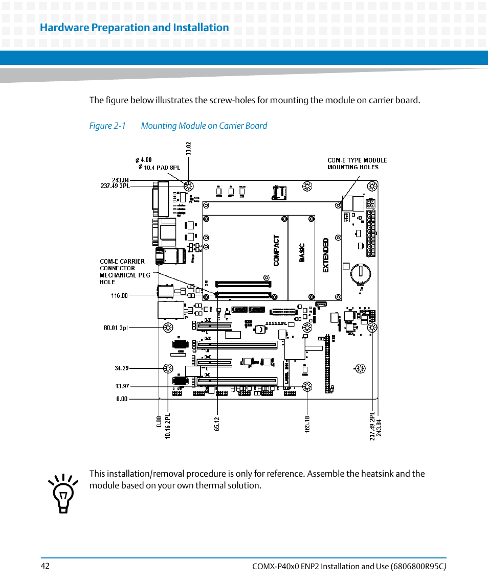 Figure 2-1, Mounting module on carrier board, Hardware preparation and installation | Artesyn COMX-P40x0 ENP2 Installation and Use (January 2015) User Manual | Page 42 / 140