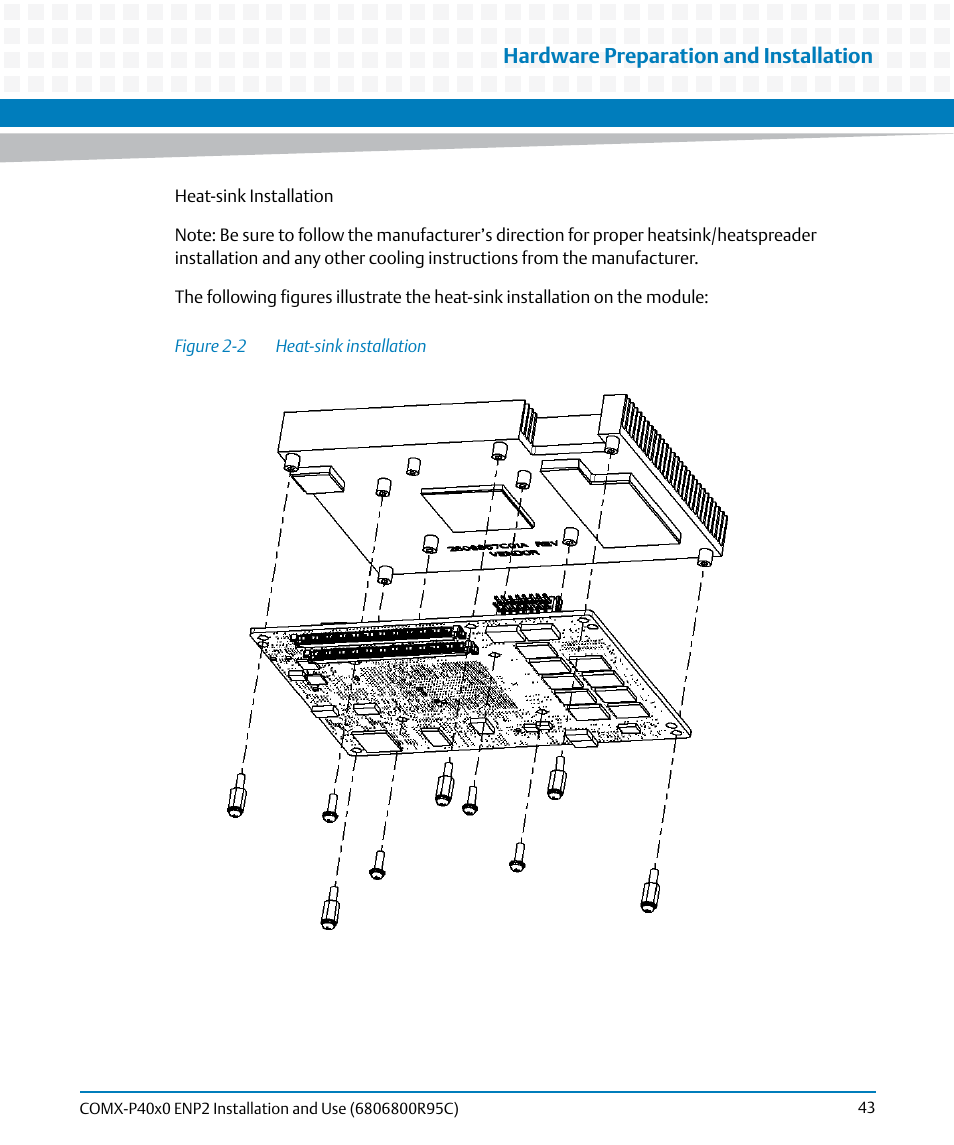 Figure 2-2, Heat-sink installation, Hardware preparation and installation | Artesyn COMX-P40x0 ENP2 Installation and Use (January 2015) User Manual | Page 43 / 140
