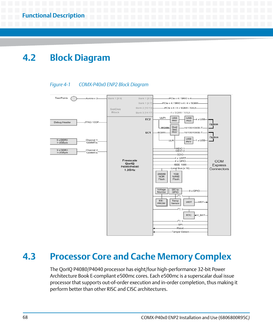2 block diagram, 3 processor core and cache memory complex, Figure 4-1 | Comx-p40x0 enp2 block diagram | Artesyn COMX-P40x0 ENP2 Installation and Use (January 2015) User Manual | Page 68 / 140