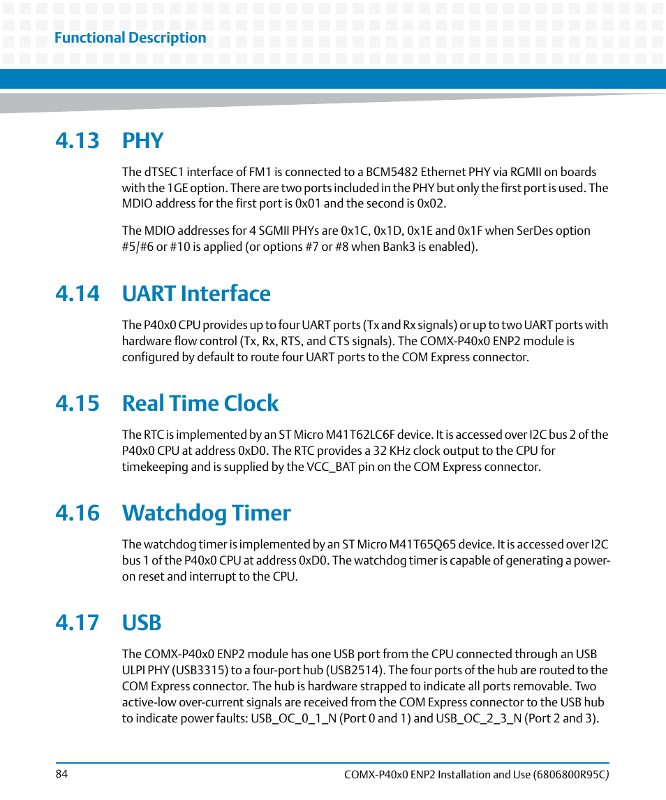 13 phy, 14 uart interface, 15 real time clock | 16 watchdog timer, 17 usb | Artesyn COMX-P40x0 ENP2 Installation and Use (January 2015) User Manual | Page 84 / 140