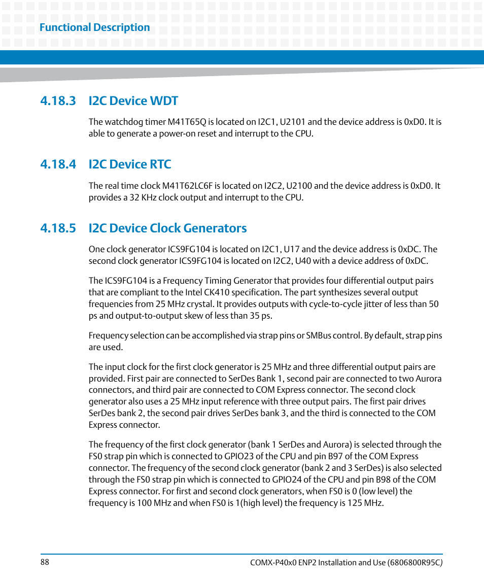 3 i2c device wdt, 4 i2c device rtc, 5 i2c device clock generators | Artesyn COMX-P40x0 ENP2 Installation and Use (January 2015) User Manual | Page 88 / 140