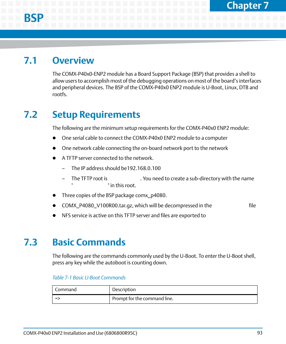 1 overview, 2 setup requirements, 3 basic commands | Table 7-1, Basic u-boot commands, Chapter 7 | Artesyn COMX-P40x0 ENP2 Installation and Use (January 2015) User Manual | Page 93 / 140