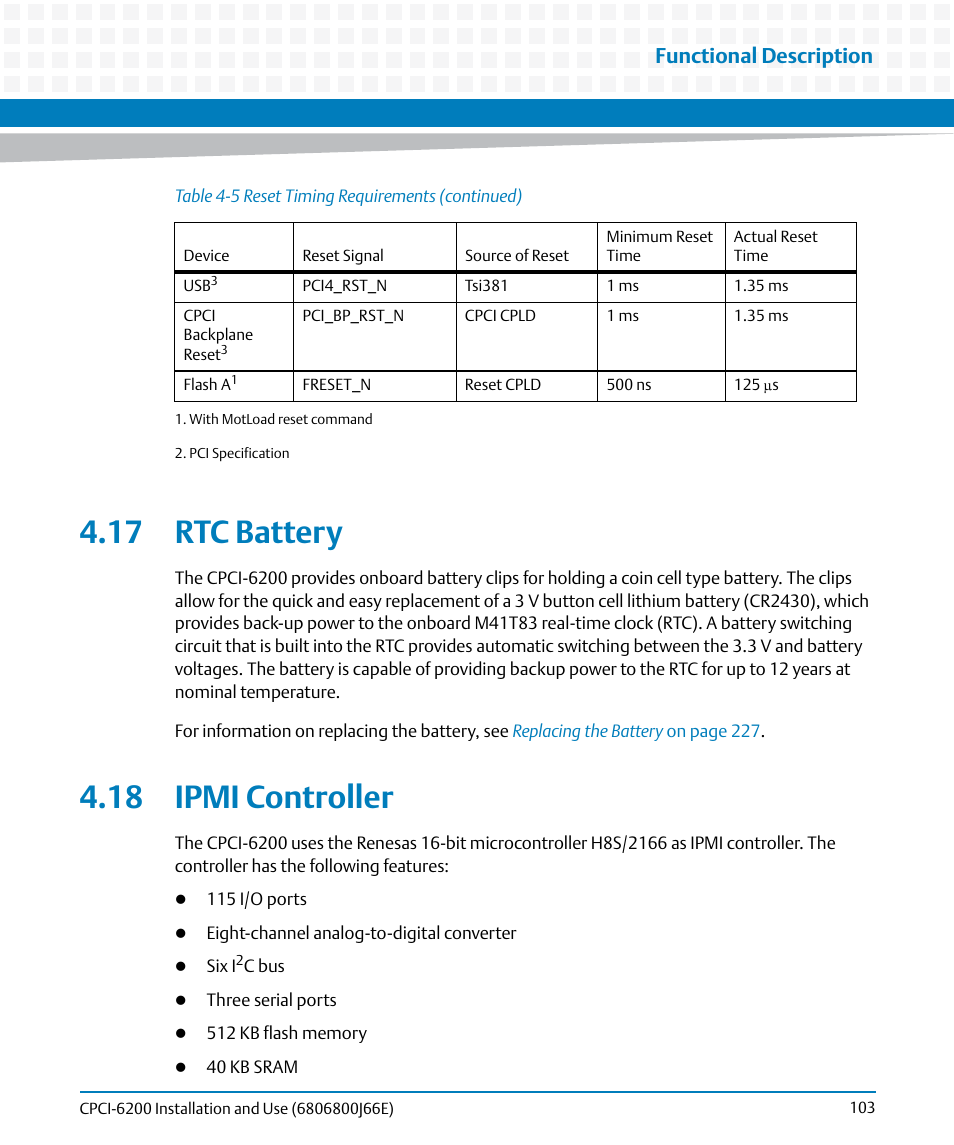 17 rtc battery, 18 ipmi controller, 17 rtc battery 4.18 ipmi controller | Functional description | Artesyn CPCI-6200 Installation and Use (May 2015) User Manual | Page 103 / 234