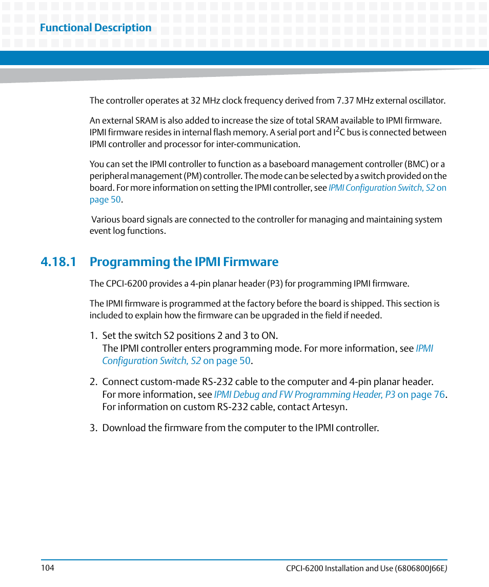 1 programming the ipmi firmware | Artesyn CPCI-6200 Installation and Use (May 2015) User Manual | Page 104 / 234