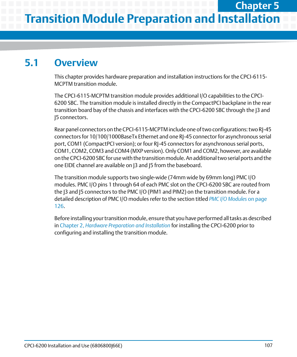 Transition module preparation and installation, 1 overview, Chapter 5, transition module | Preparation and installation, Chapter 5 | Artesyn CPCI-6200 Installation and Use (May 2015) User Manual | Page 107 / 234