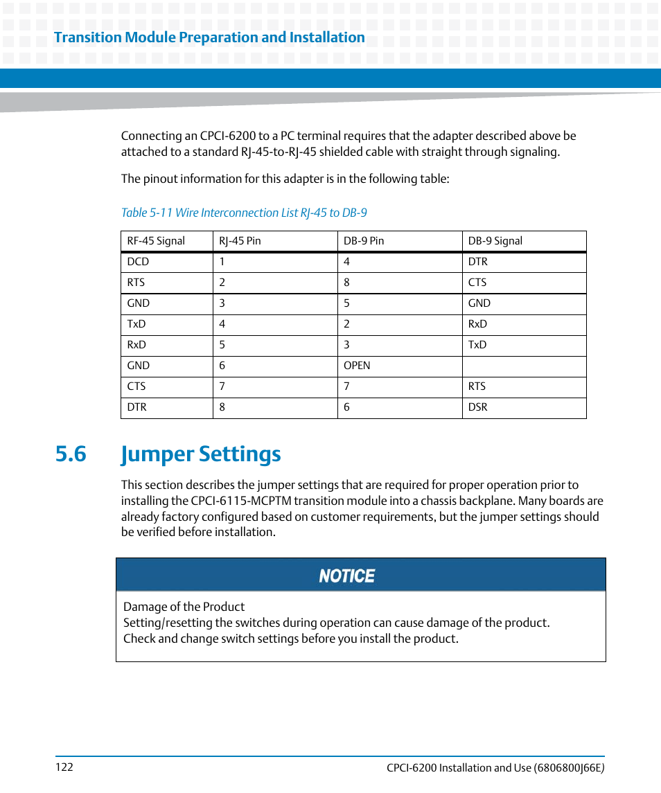 6 jumper settings, Table 5-11, Wire interconnection list rj-45 to db-9 | Transition module preparation and installation | Artesyn CPCI-6200 Installation and Use (May 2015) User Manual | Page 122 / 234