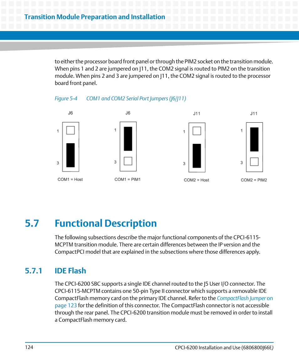 7 functional description, 1 ide flash, Figure 5-4 | Com1 and com2 serial port jumpers (j6/j11) | Artesyn CPCI-6200 Installation and Use (May 2015) User Manual | Page 124 / 234