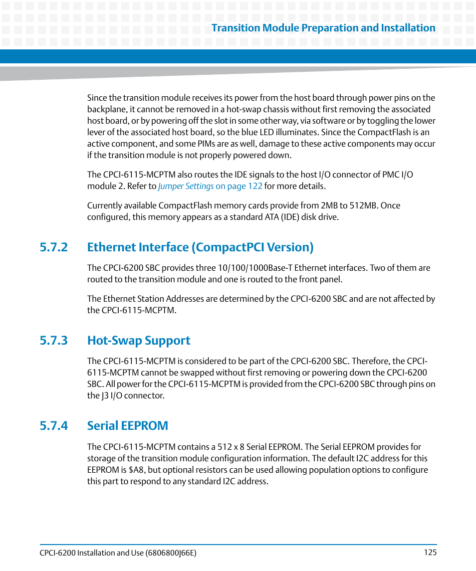2 ethernet interface (compactpci version), 3 hot-swap support, 4 serial eeprom | Artesyn CPCI-6200 Installation and Use (May 2015) User Manual | Page 125 / 234