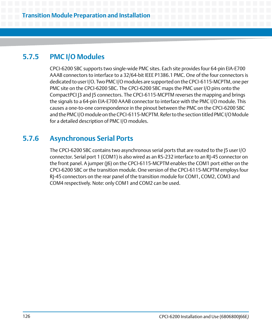 5 pmc i/o modules, 6 asynchronous serial ports, 5 pmc i/o modules 5.7.6 asynchronous serial ports | Ion titled, Pmc i/o modules | Artesyn CPCI-6200 Installation and Use (May 2015) User Manual | Page 126 / 234