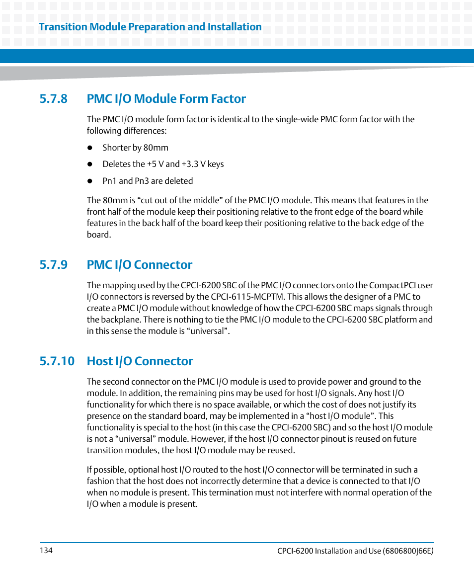 8 pmc i/o module form factor, 9 pmc i/o connector, 10 host i/o connector | Artesyn CPCI-6200 Installation and Use (May 2015) User Manual | Page 134 / 234