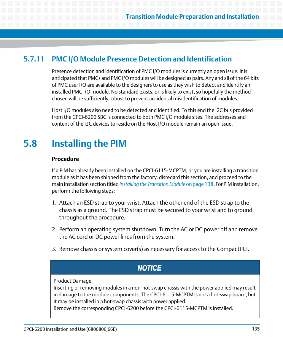 8 installing the pim | Artesyn CPCI-6200 Installation and Use (May 2015) User Manual | Page 135 / 234