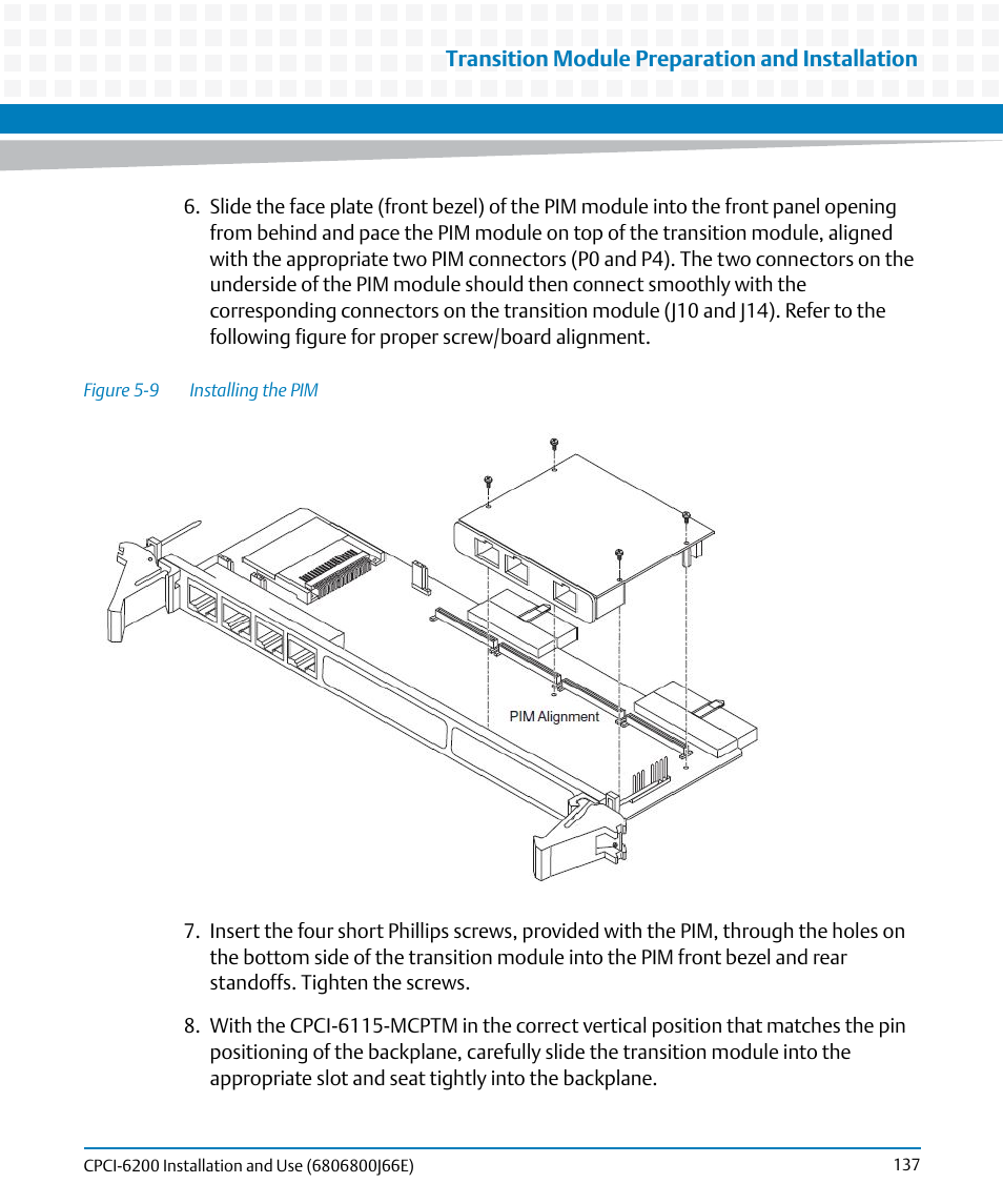 Figure 5-9, Installing the pim | Artesyn CPCI-6200 Installation and Use (May 2015) User Manual | Page 137 / 234