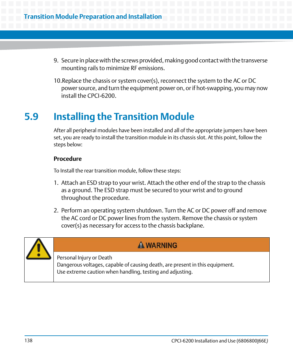 9 installing the transition module | Artesyn CPCI-6200 Installation and Use (May 2015) User Manual | Page 138 / 234