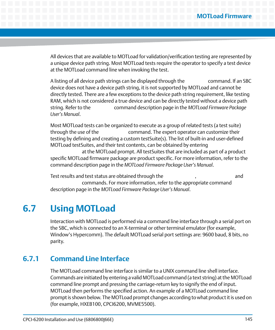 7 using motload, 1 command line interface | Artesyn CPCI-6200 Installation and Use (May 2015) User Manual | Page 145 / 234