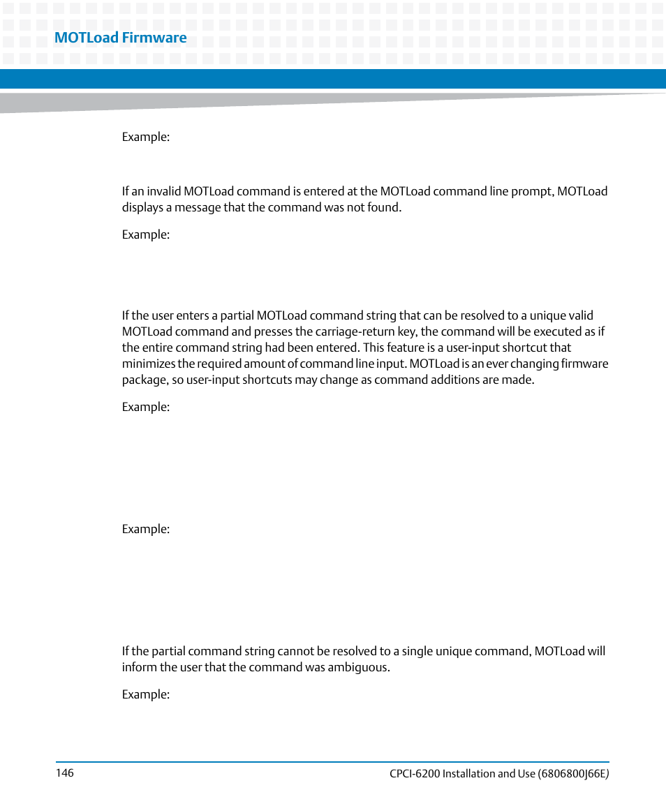 Motload firmware | Artesyn CPCI-6200 Installation and Use (May 2015) User Manual | Page 146 / 234