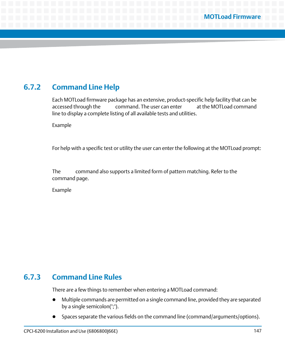 2 command line help, 3 command line rules, 2 command line help 6.7.3 command line rules | Motload firmware | Artesyn CPCI-6200 Installation and Use (May 2015) User Manual | Page 147 / 234
