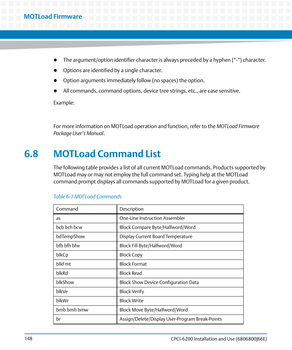 8 motload command list, Table 6-1, Motload commands | Motload command list, Motload firmware | Artesyn CPCI-6200 Installation and Use (May 2015) User Manual | Page 148 / 234