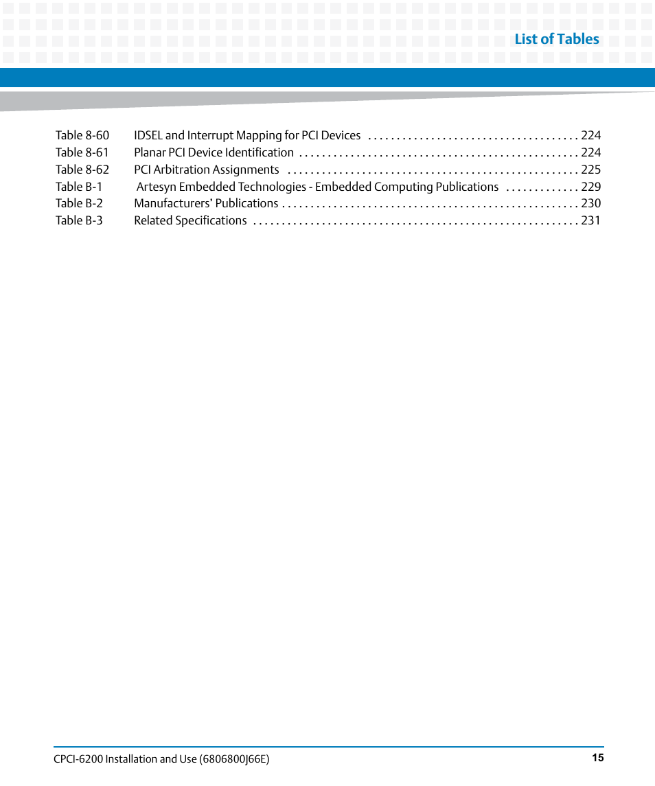 List of tables | Artesyn CPCI-6200 Installation and Use (May 2015) User Manual | Page 15 / 234