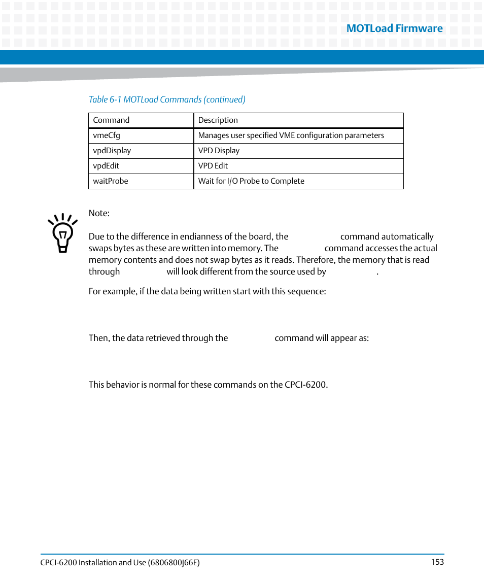 Motload firmware | Artesyn CPCI-6200 Installation and Use (May 2015) User Manual | Page 153 / 234