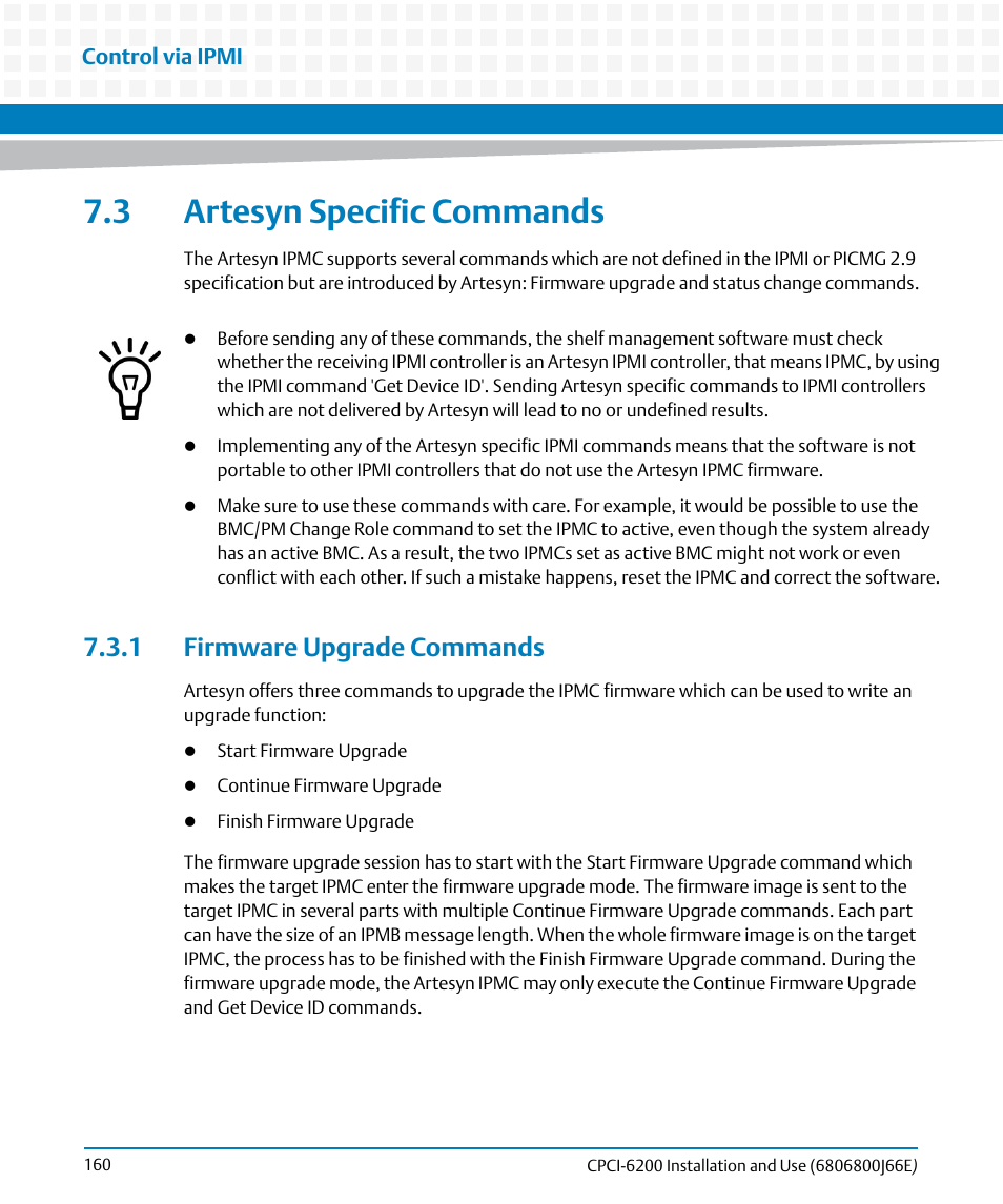 3 artesyn specific commands, 1 firmware upgrade commands | Artesyn CPCI-6200 Installation and Use (May 2015) User Manual | Page 160 / 234