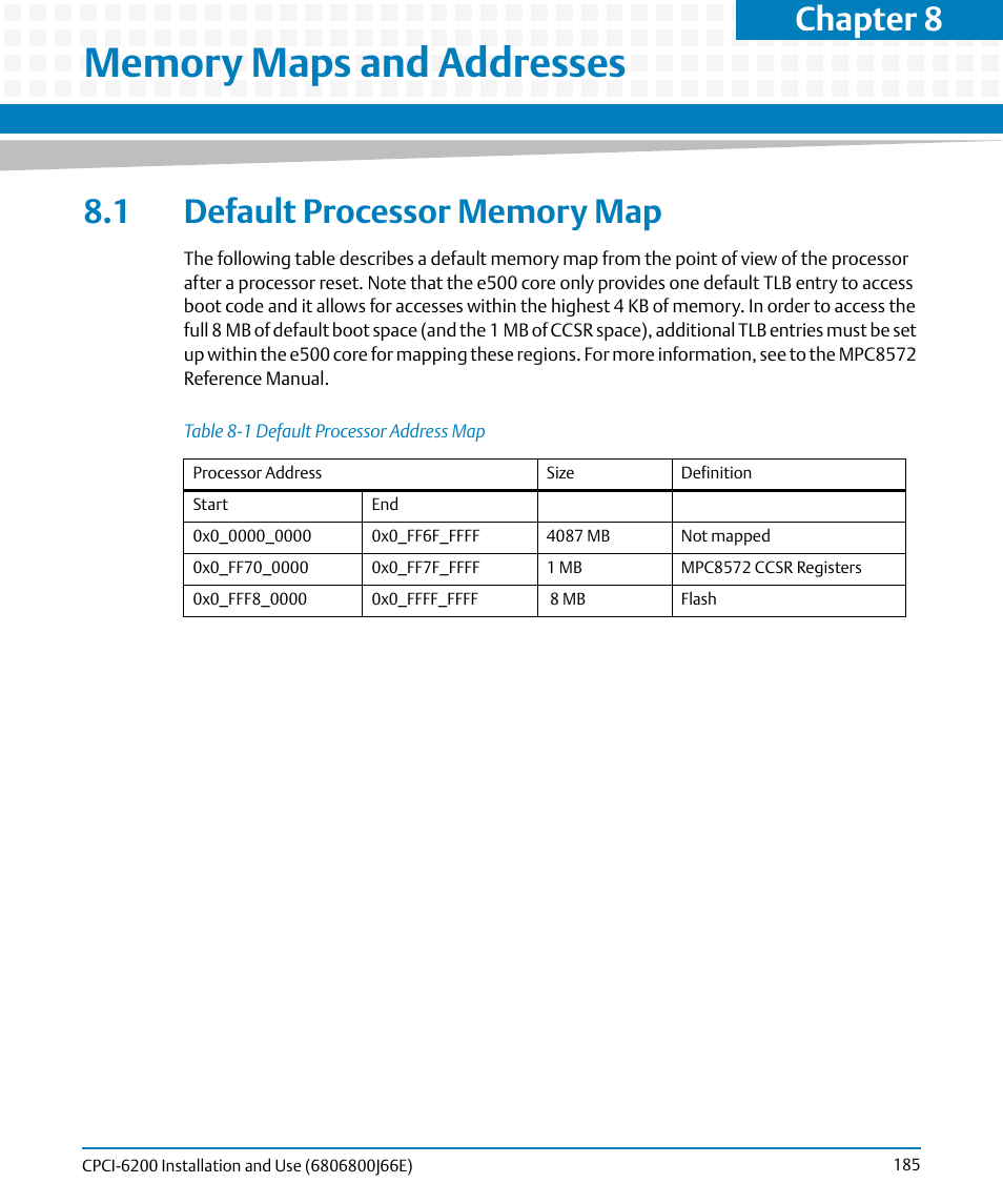 Memory maps and addresses, 1 default processor memory map, Table 8-1 | Default processor address map, Ribed in, Chapter 8 | Artesyn CPCI-6200 Installation and Use (May 2015) User Manual | Page 185 / 234