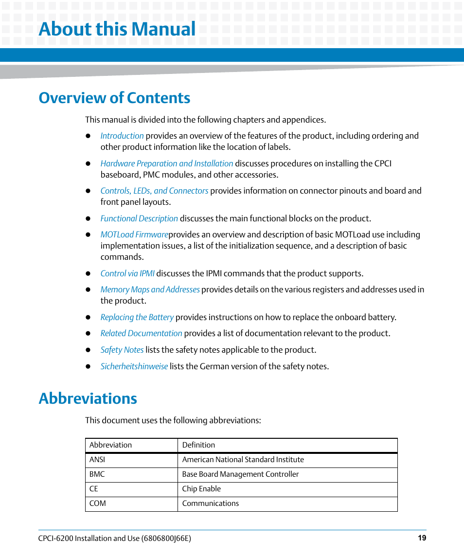 About this manual, Overview of contents, Abbreviations | Artesyn CPCI-6200 Installation and Use (May 2015) User Manual | Page 19 / 234