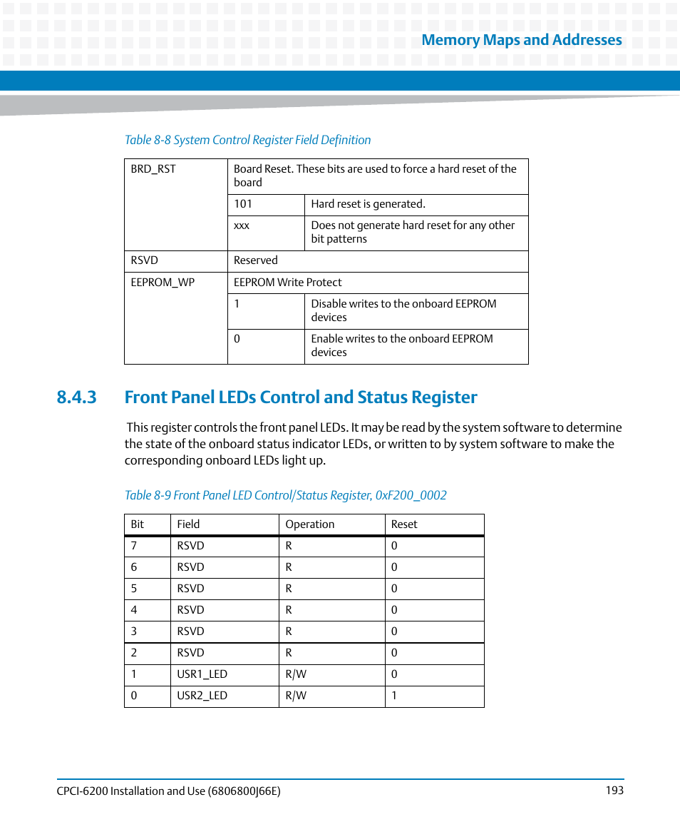 3 front panel leds control and status register, Table 8-8, System control register field definition | Table 8-9 | Artesyn CPCI-6200 Installation and Use (May 2015) User Manual | Page 193 / 234