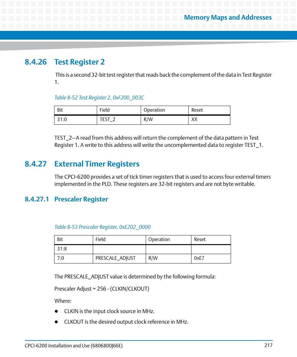 26 test register 2, 27 external timer registers, 1 prescaler register | Table 8-52, Test register 2, 0xf200_003c, Table 8-53, Prescaler register, 0xe202_0000 | Artesyn CPCI-6200 Installation and Use (May 2015) User Manual | Page 217 / 234