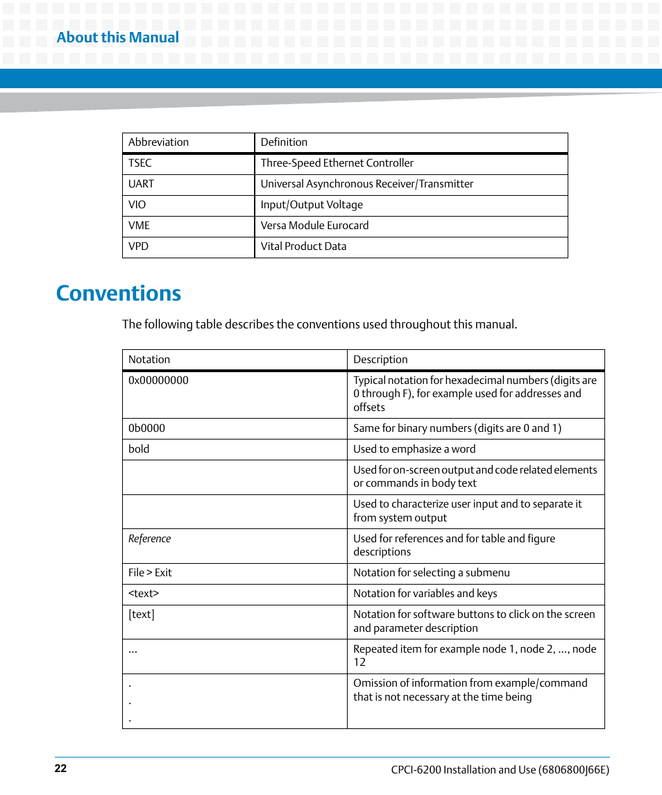 Conventions, About this manual | Artesyn CPCI-6200 Installation and Use (May 2015) User Manual | Page 22 / 234