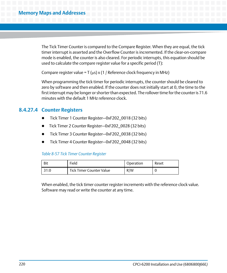 4 counter registers, Table 8-57, Tick timer counter register | Artesyn CPCI-6200 Installation and Use (May 2015) User Manual | Page 220 / 234