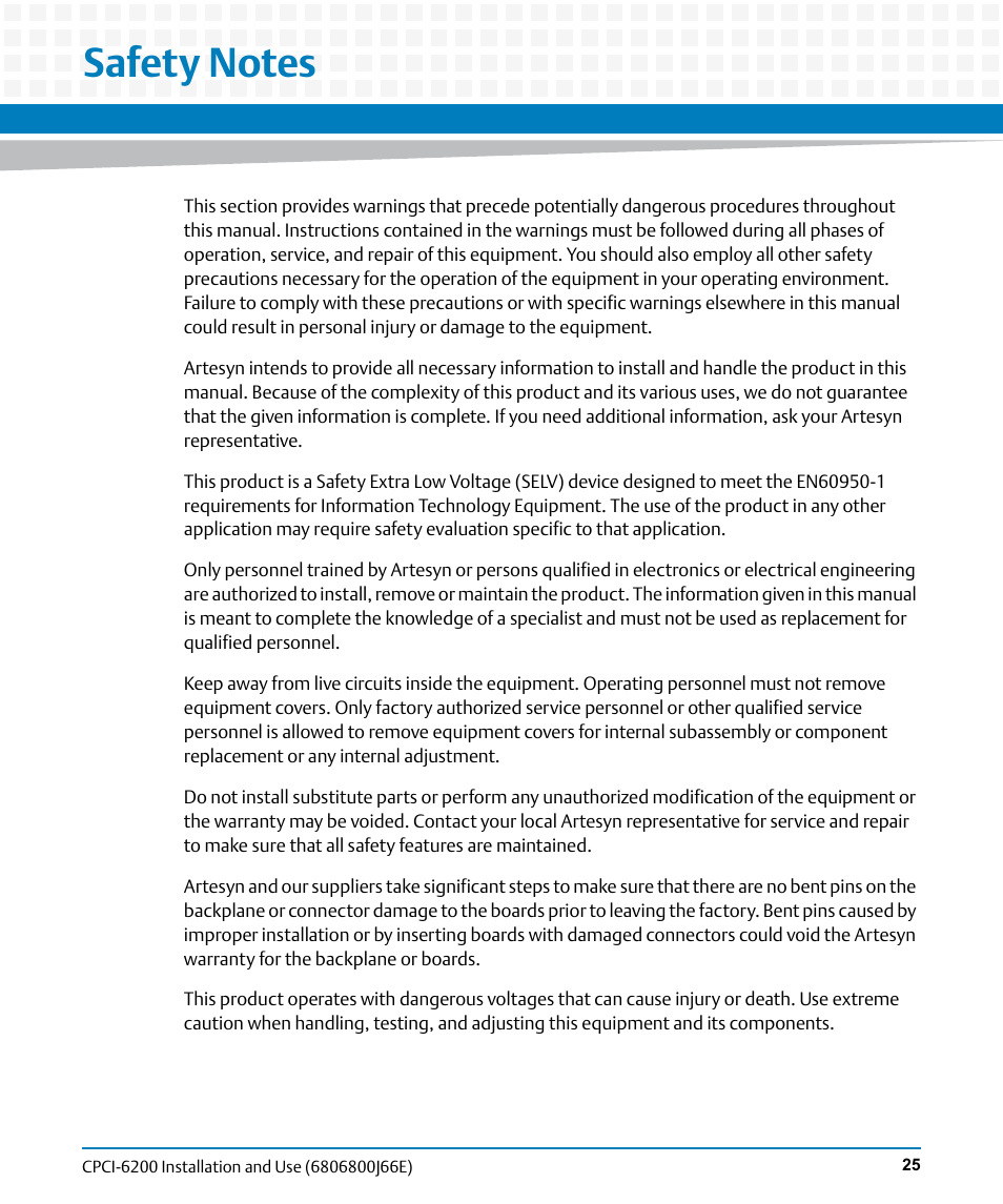 Safety notes | Artesyn CPCI-6200 Installation and Use (May 2015) User Manual | Page 25 / 234